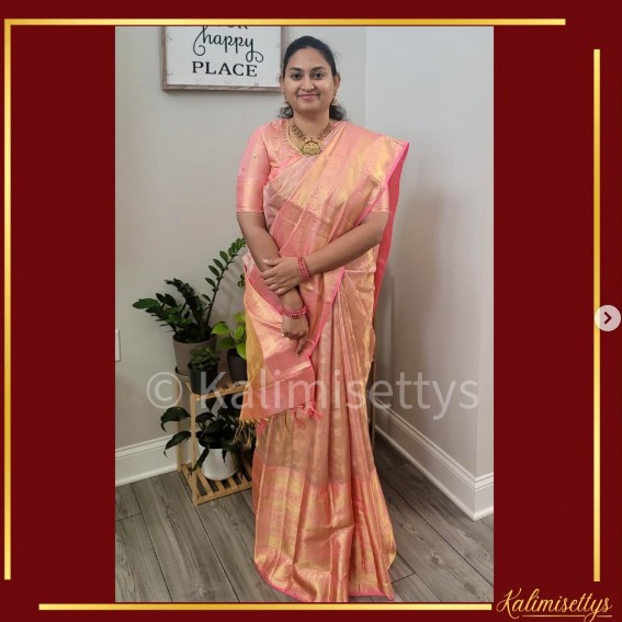our customer in gorgeous spring pink pure handloom kanjeevaram silks